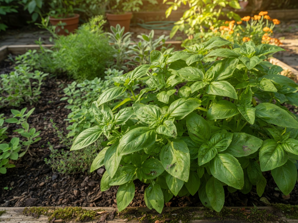 Lush basil plant in a garden bed