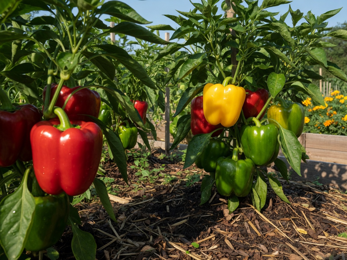 Colorful bell peppers on plants