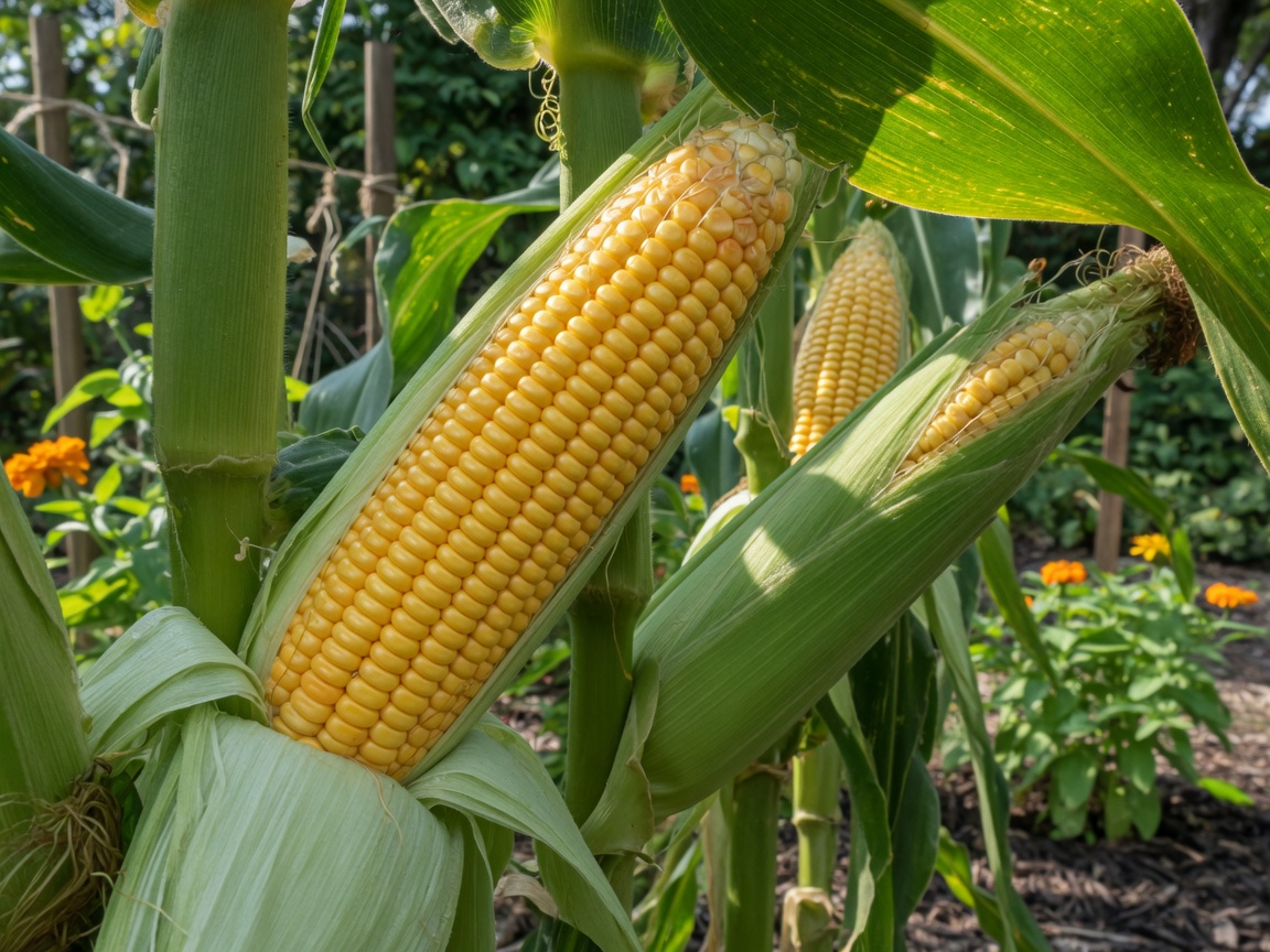 Sweet corn ears on the stalk in a home garden