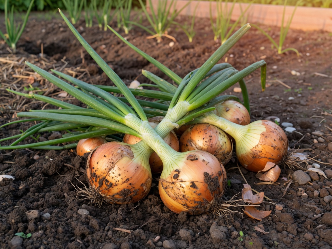 Freshly harvested yellow onions with green tops