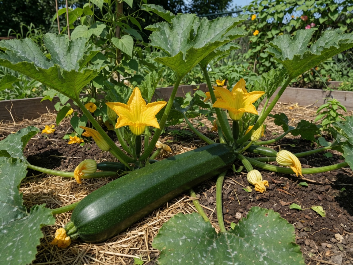 Zucchini plant with fruit and yellow blossoms